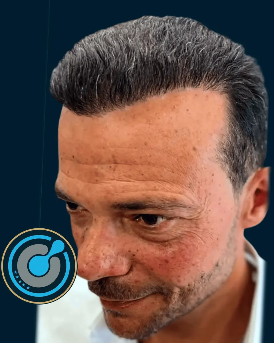 Pacient i vërtetë i BlueMagic Group Clinic pas mbjelljes së flokëve: 4.000 grafte, DHI, 1 seancë, fotografuar pas 12 muaj, pamje ballore