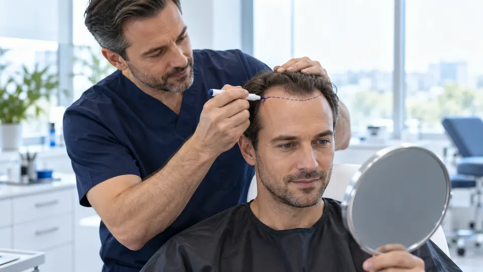 Illustrative scene: a doctor plans a hairline with a patient in front of a mirror