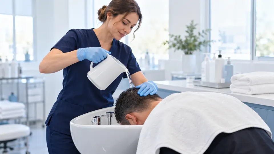 Illustrative scene: a nurse gently rinses a patient’s head over a basin during the first wash