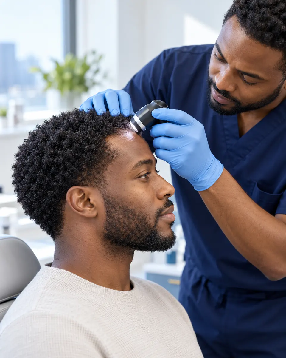 Illustrative scene: a doctor examines the hairline of a man with tightly coiled hair