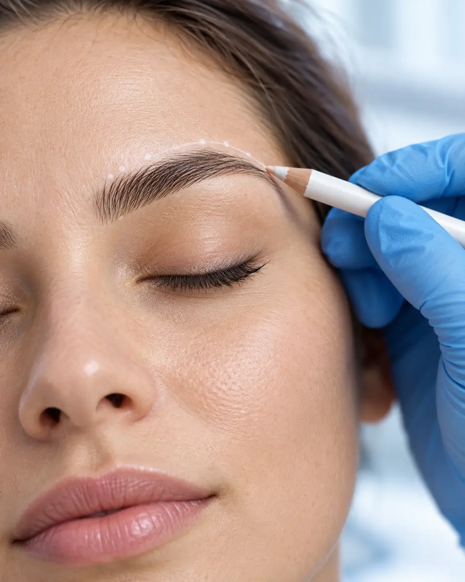 Illustrative scene: a clinician sketches a natural brow arch before an eyebrow transplant