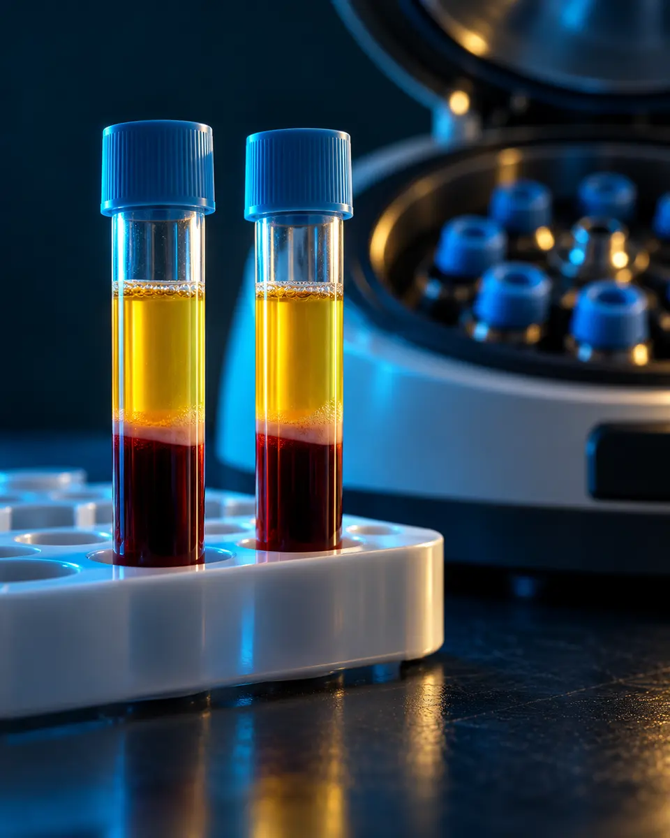 Illustrative image: two prepared PRP tubes beside a centrifuge