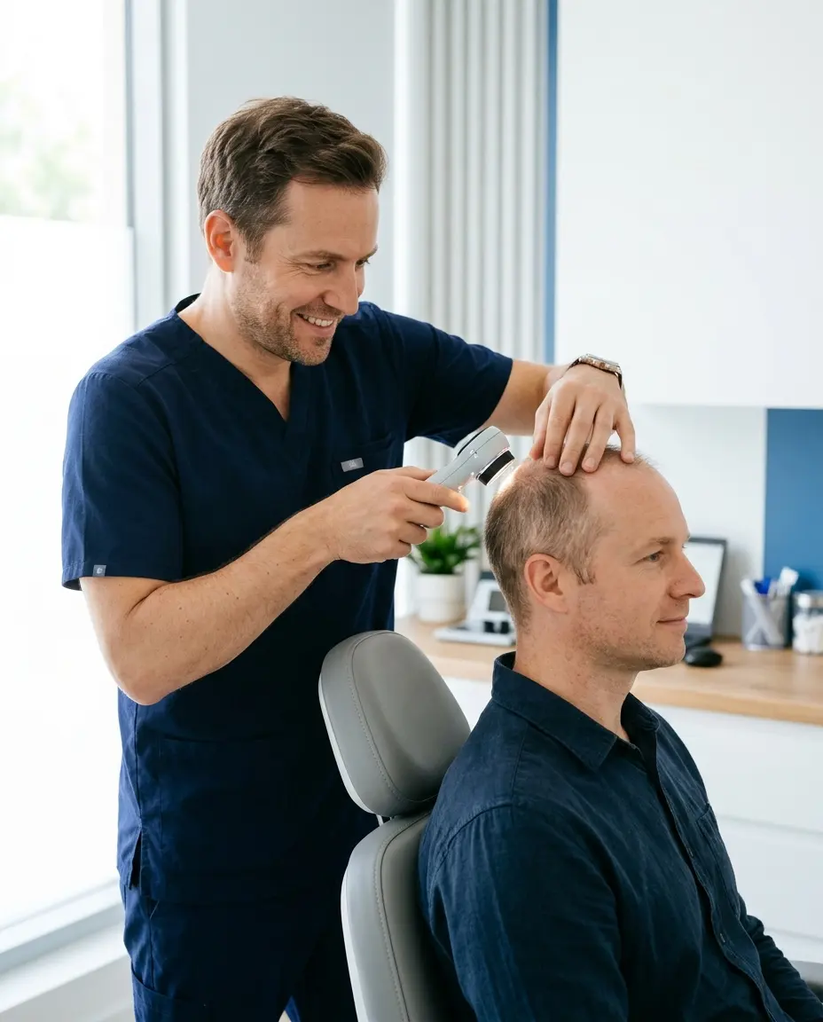Illustrative scene: a doctor examines the scalp of a man after a previous transplant