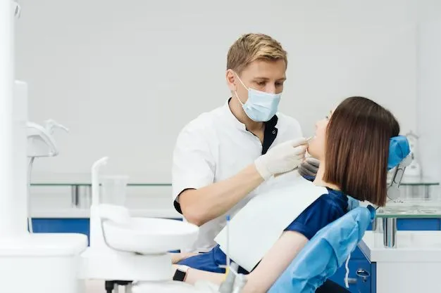 A dentist wearing a protective mask examines a female patient sitting in a dental chair during a routine check-up in a modern dental clinic.