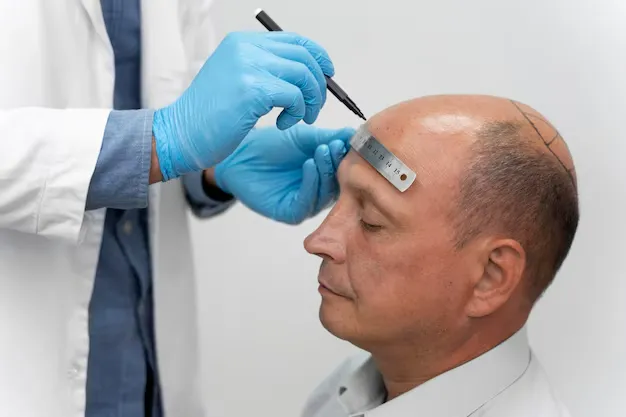 Hair transplant specialist at BlueMagic Group measuring and marking a patient's scalp before the procedure.