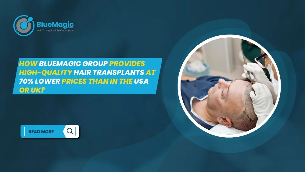 BlueMagic Clinic promotional banner highlighting affordable, high-quality hair transplants at 70% lower prices than in the USA or UK, featuring a patient undergoing a procedure.