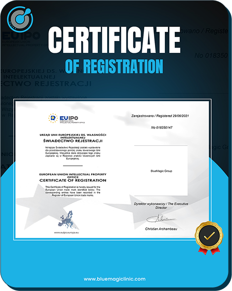 EUIPO Certificate of Registration for BlueMagic Group, dated June 28, 2021, with official logo, signature, and gold seal.