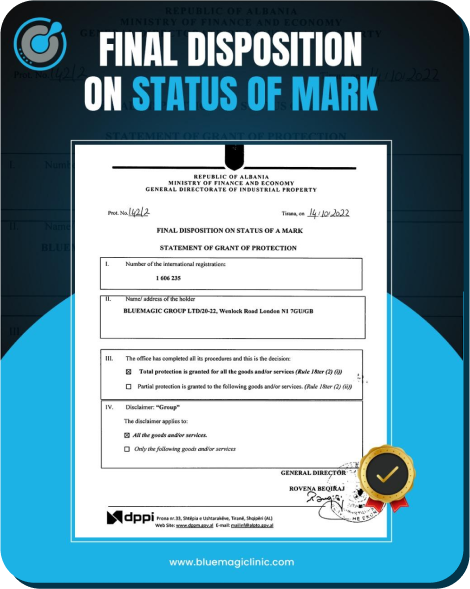 Final Disposition on Status of Mark issued by the Republic of Albania for BlueMagic Group, dated October 14, 2022, with official stamp and seal.