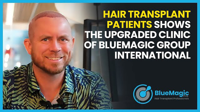 Video thumbnail featuring a patient testimonial about their positive experience with BlueMagic Group's hair transplant services, emphasizing satisfaction and results.
