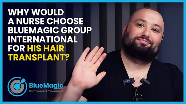 Video thumbnail featuring before and after results of successful hair transplant procedures performed by BlueMagic Group, highlighting improved hair density and natural-looking results.