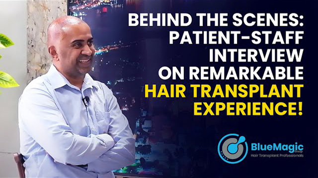 Video thumbnail featuring a detailed discussion on the advantages of DHI and FUE Sapphire techniques used by BlueMagic Group for precise and effective hair restoration.