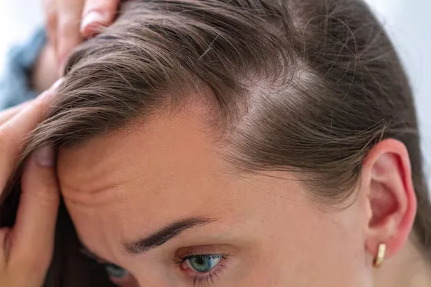 Close-up of a patient's scalp showing signs of hair thinning, assessed during consultation at BlueMagic Clinic.