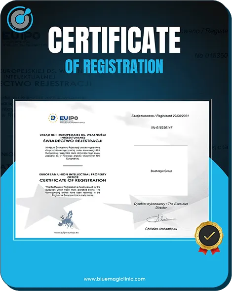 EUIPO Certificate of Registration for BlueMagic Group, dated June 28, 2021, with official logo, signature, and gold seal.
