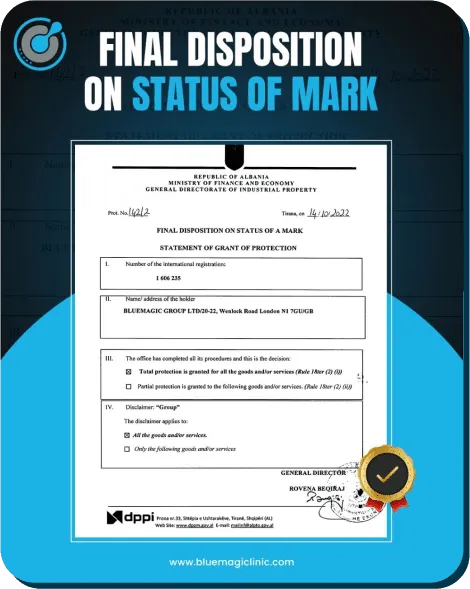 Final Disposition on Status of Mark issued by the Republic of Albania for BlueMagic Group, dated October 14, 2022, with official stamp and seal.